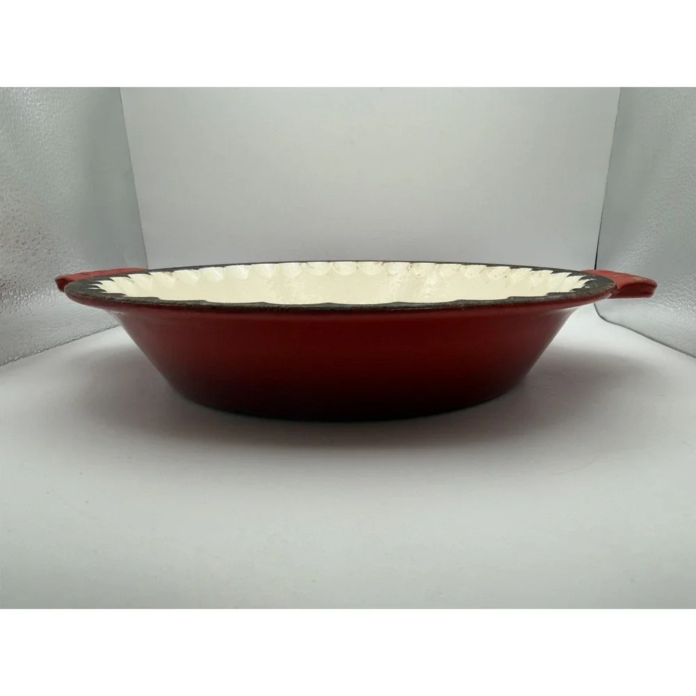 Vintage Red Enamelware Scalloped Pie Tart Quiche Baking Dish Double Handle